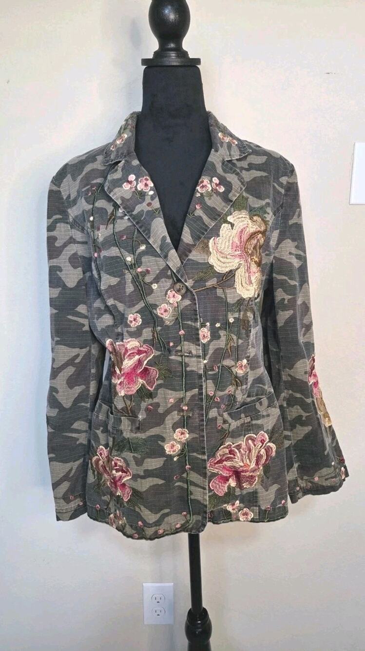 Pararazzi Women’s S Camo Floral Embroidered Blazer Jacket Boho Military Y2K